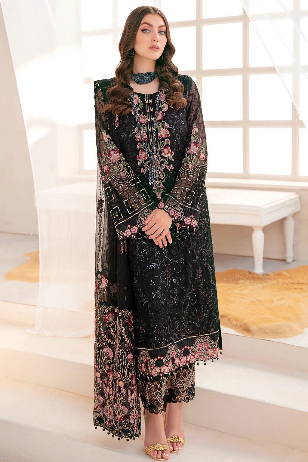 sachin and babi light blue dress Pure Chiffon Black Embroidered Wedding Dress