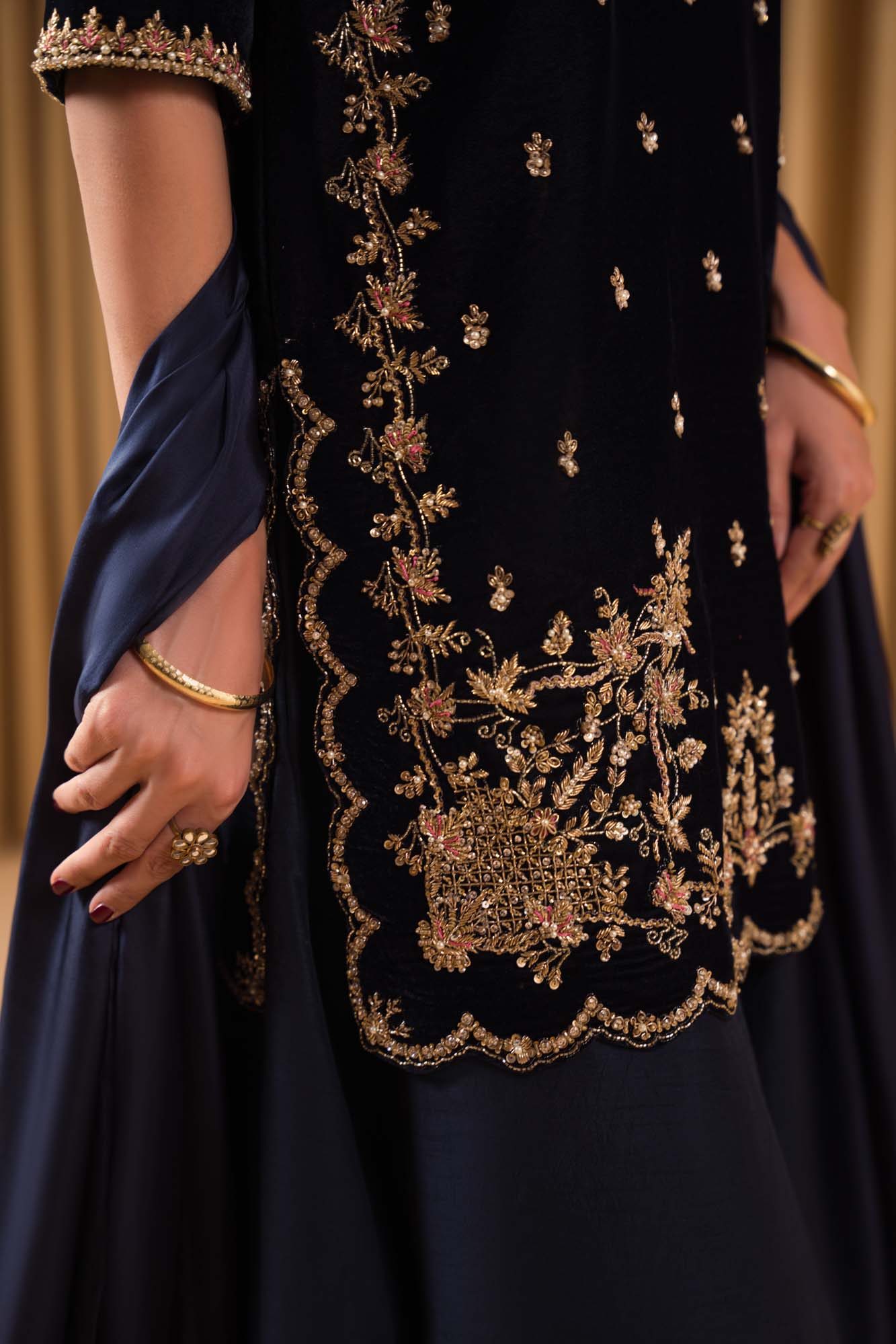 Pure Velvet Navy Blue Embroidered Dress - VC021