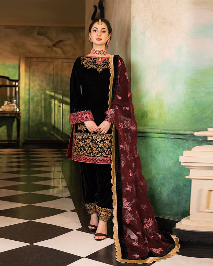 Pure Velvet Black Embroidered Dress - VC006