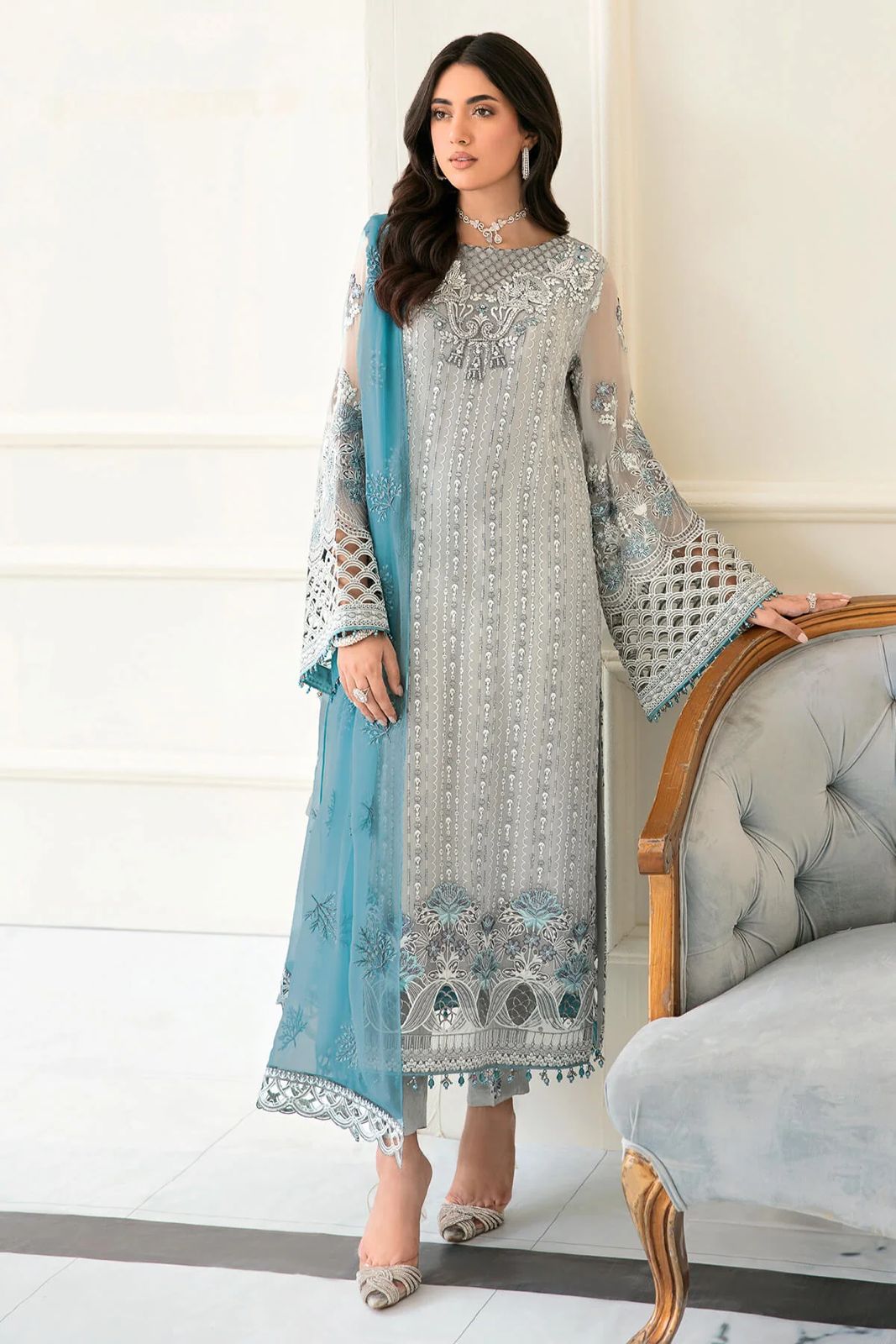 Pure Chiffon Grey Embroidered Dress - PW224  Rivaaj Studios