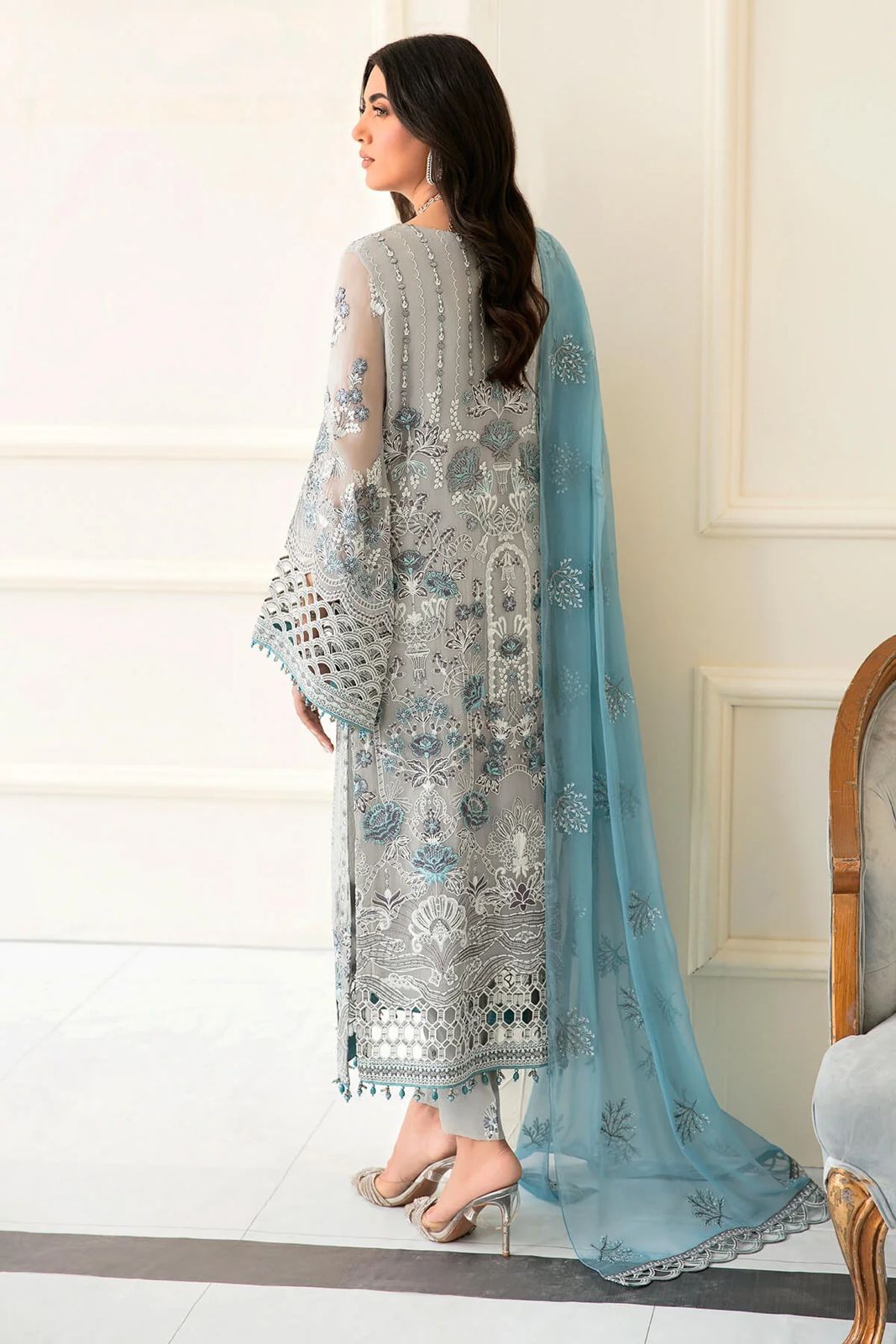 Pure Chiffon Grey Embroidered Dress - PW224