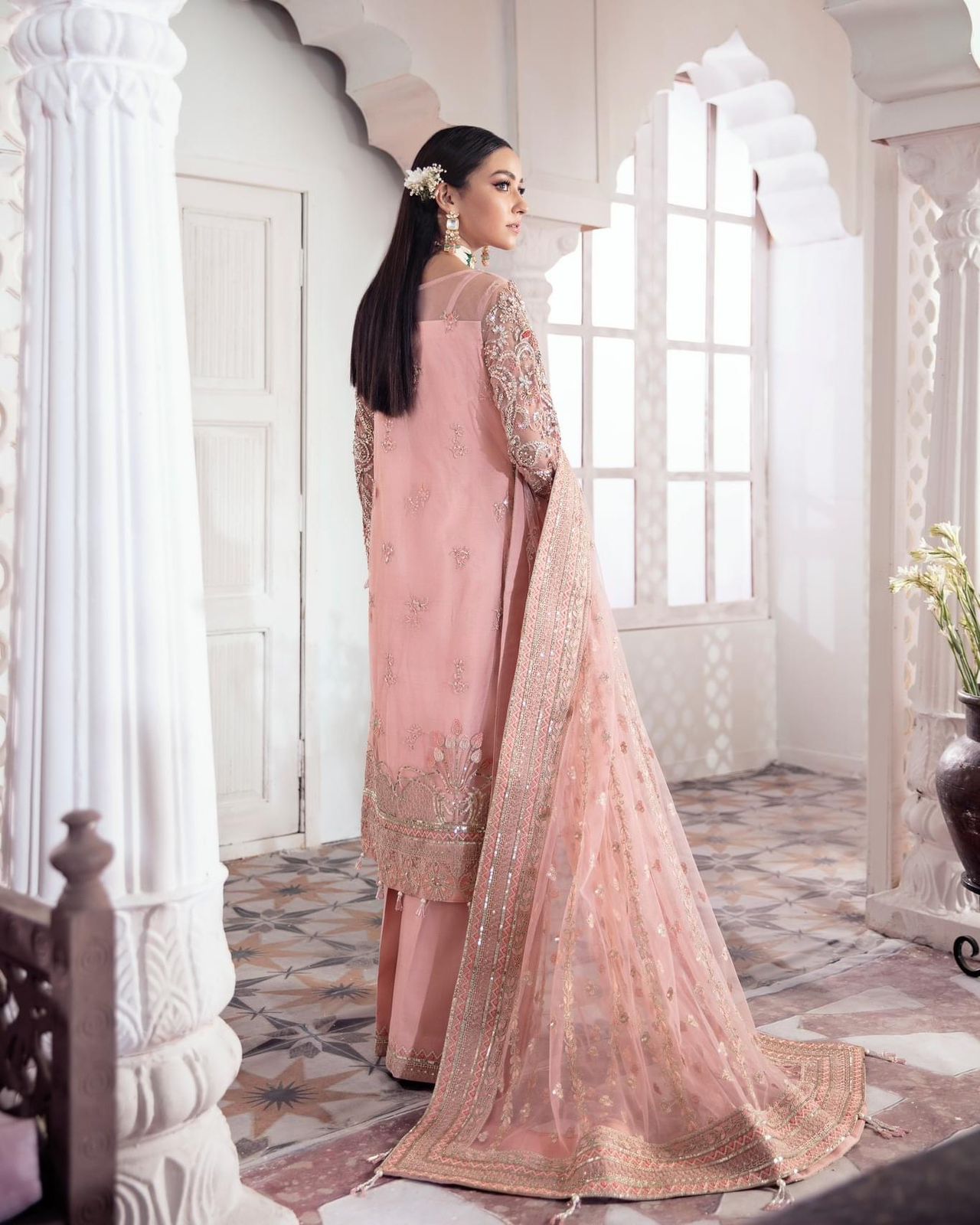 Pure Chiffon Peach Embroidered Dress - WW302