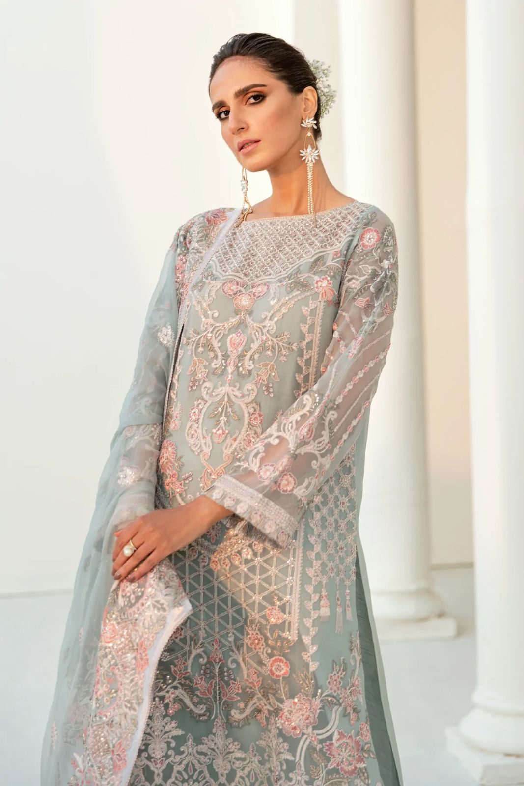 Pure Chiffon Grey Embroidered Dress - PW225