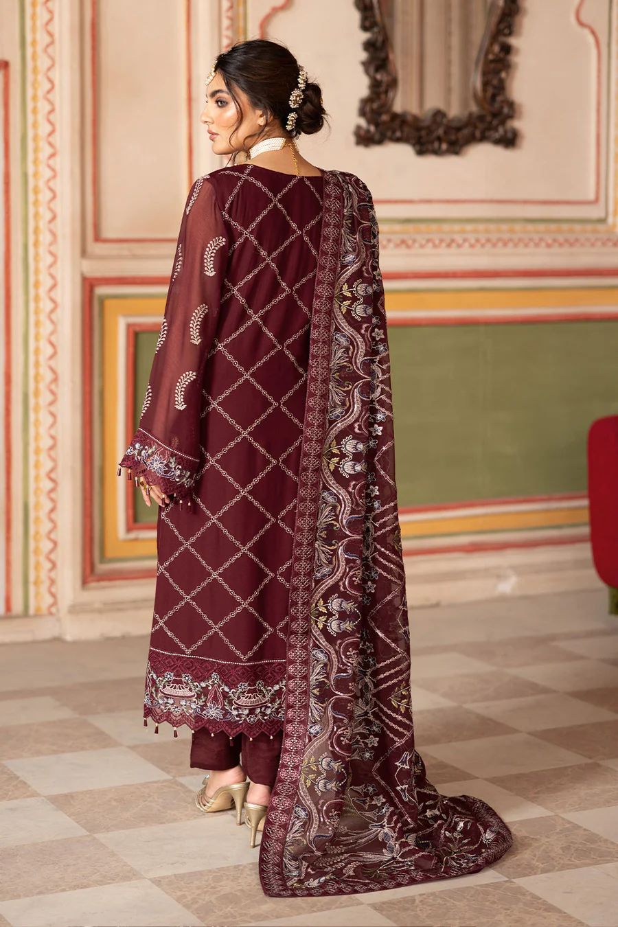Pure Chiffon Mahroon Embroidered Dress - WW304