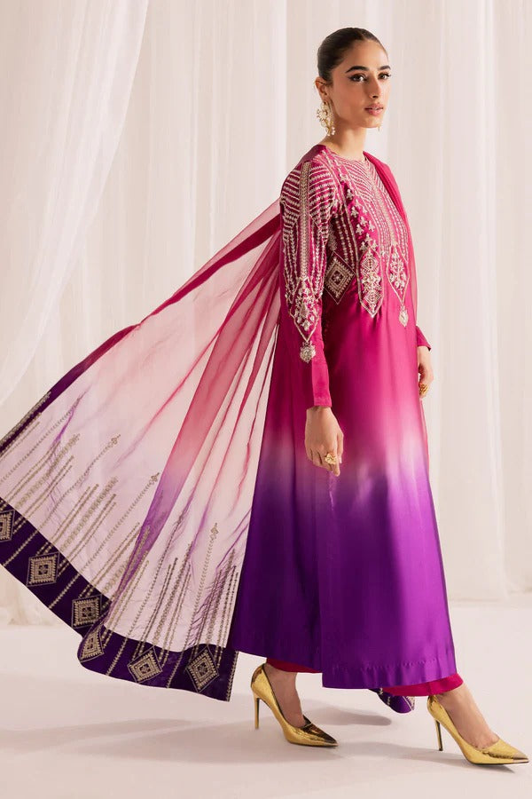 Pure Shamouse Silk Pink & Purple Embroidered Dress - WW336