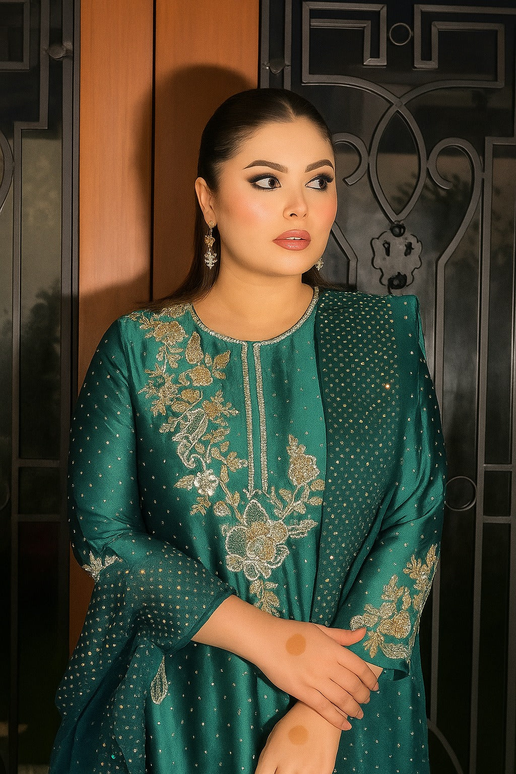 Pure Raw Silk Sea Green Embroidered Dress - WW368