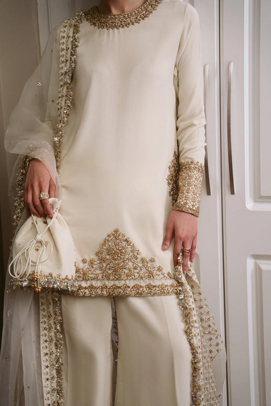 Pure Velvet Silk Off White Embroidered Dress - WW602