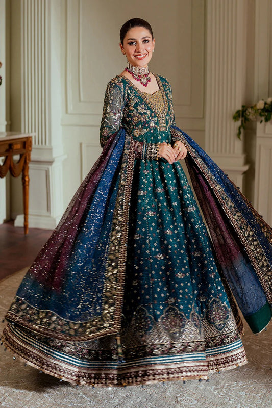Pure Chiffon Teal Blue Gown Style Embroidered Dress - WW528