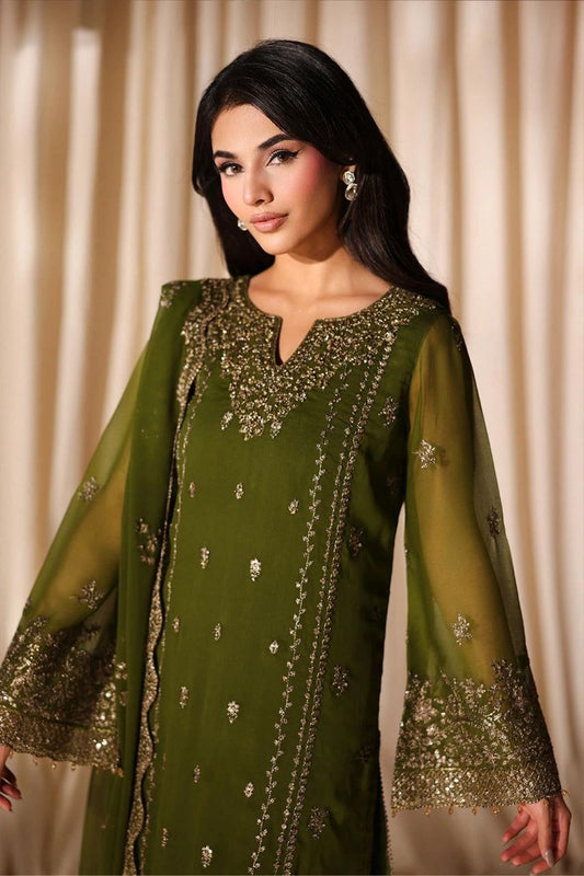 Pure Chiffon Dark Green Embroidered Dress - WW511