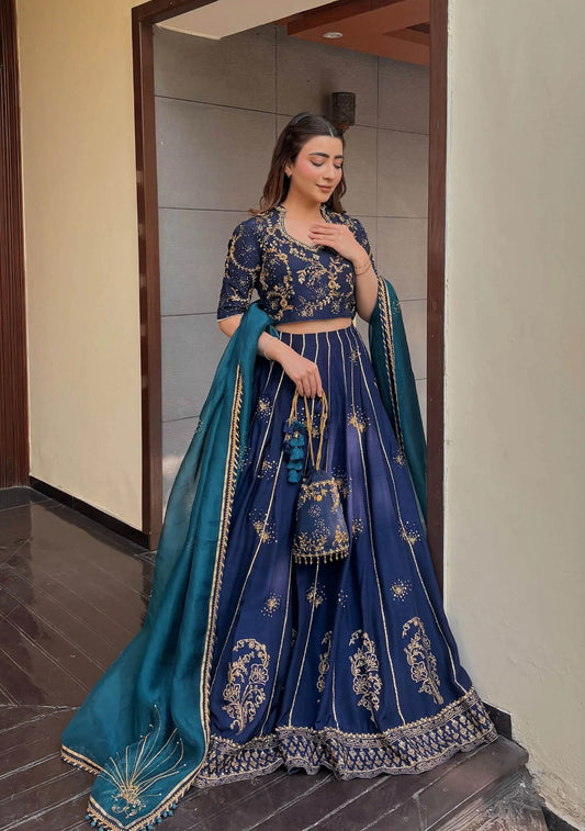 Pure Raw Silk Navy Blue Embroidered Maxi Dress - WW551