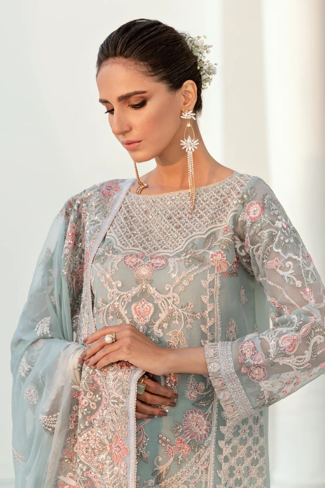 Pure Chiffon Sky Blue Embroidered Dress : BSS006