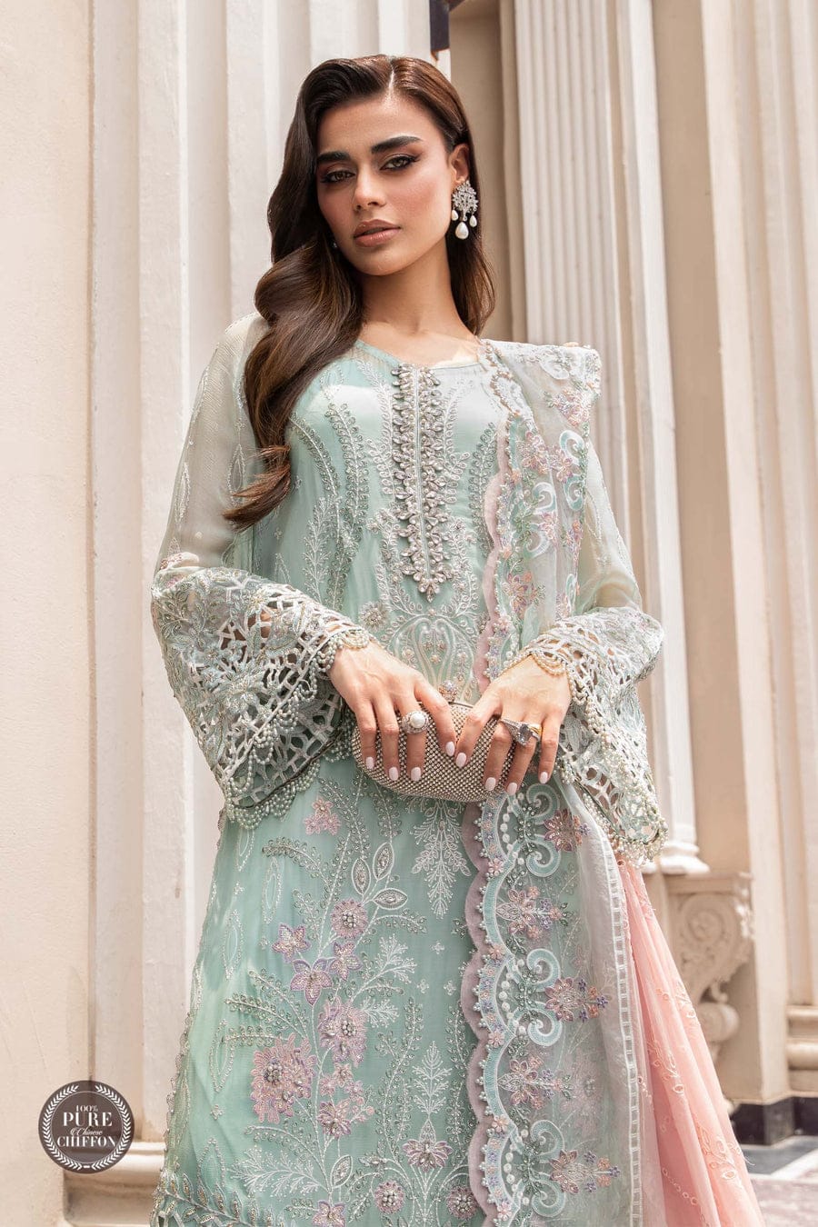 Pure Chiffon Sea Green Embroidered Dress : BSS034