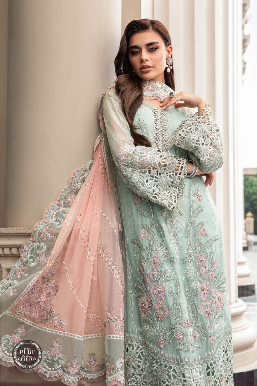 Pure Chiffon Sea Green Embroidered Dress : BSS034
