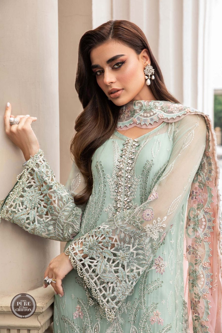 Pure Chiffon Sea Green Embroidered Dress : BSS034