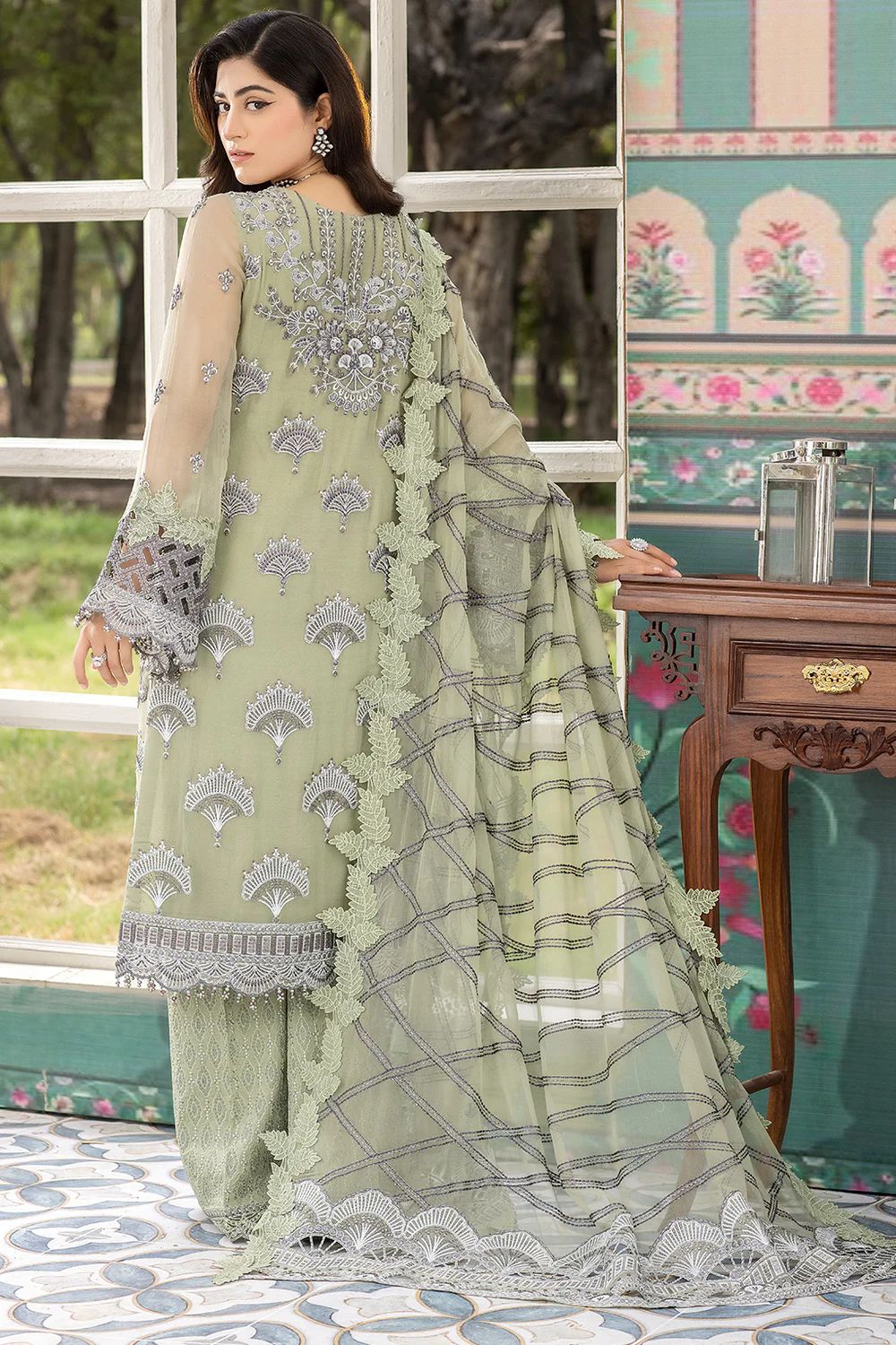 Pure Chiffon Green Embroidered Dress : BSS042