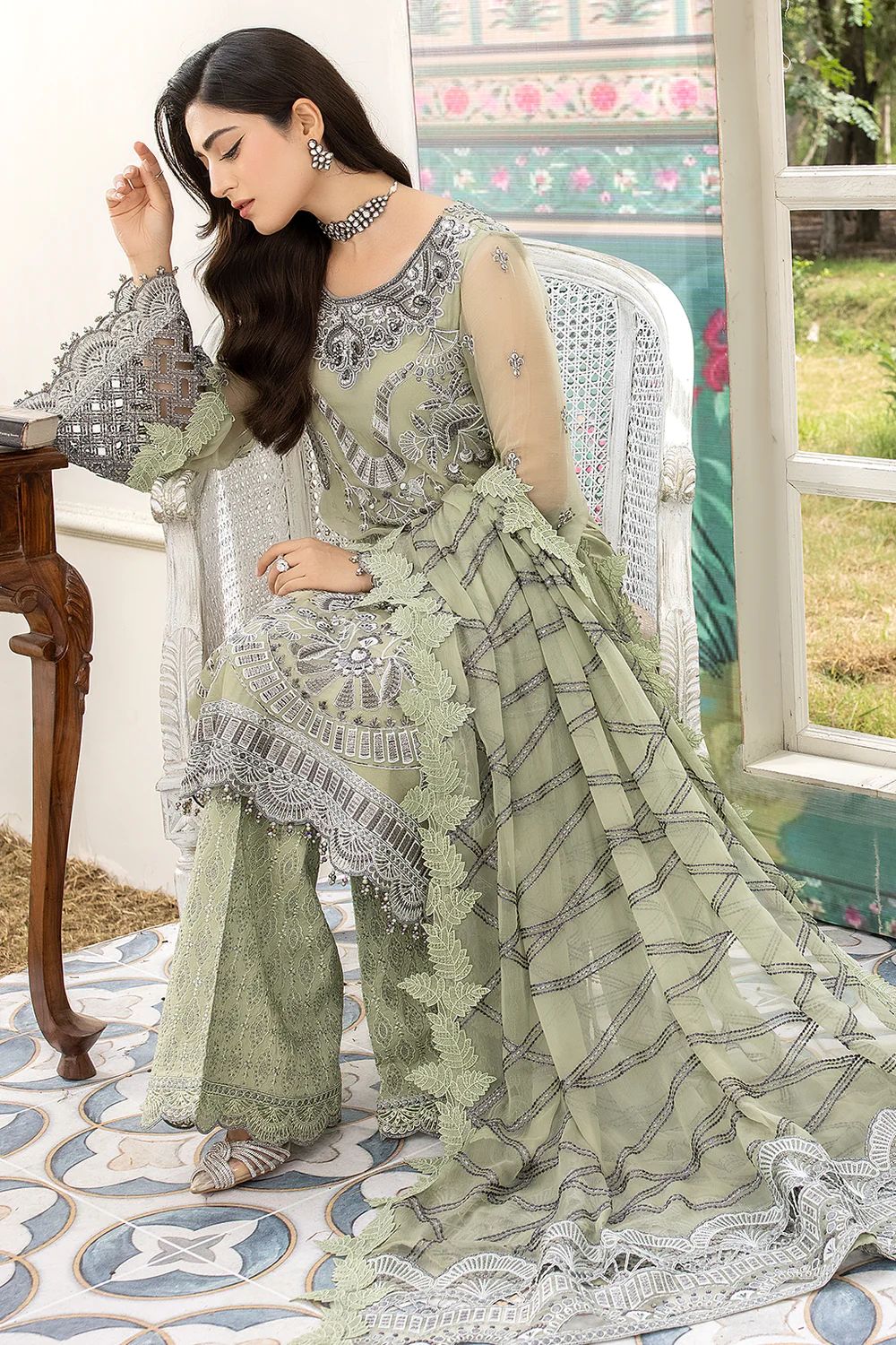 Pure Chiffon Green Embroidered Dress : BSS042