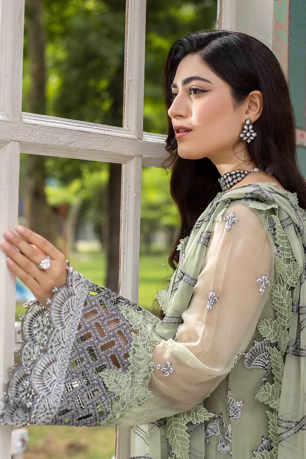 Pure Chiffon Green Embroidered Dress : BSS042