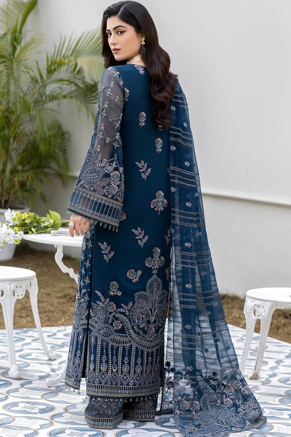 Pure Chiffon Navy Blue Embroidered Dress : WW170