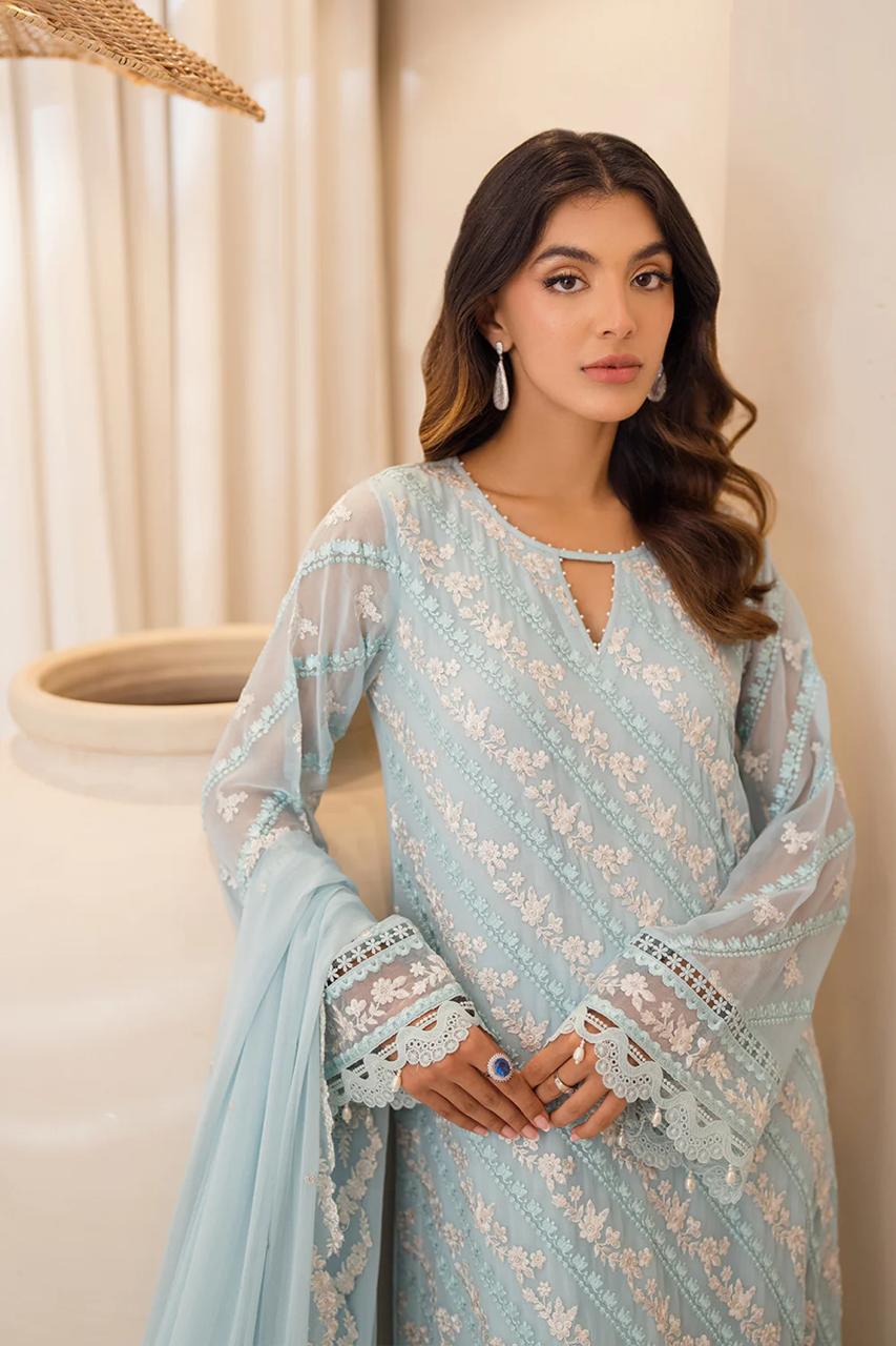 Pure Chiffon Sky Blue Embroidered Dress : PW196