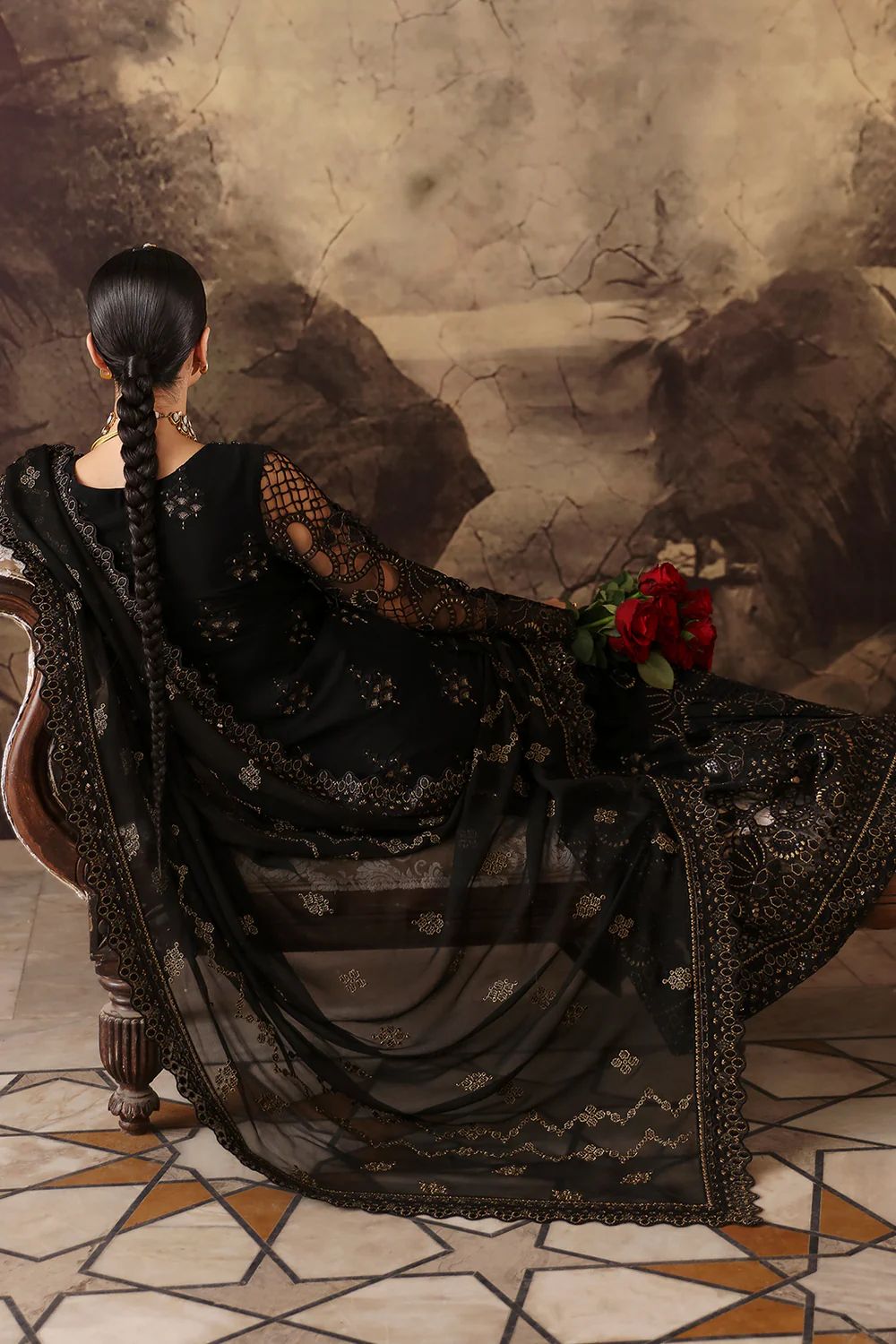 Pure Chiffon Black Embroidered Dress - WW241