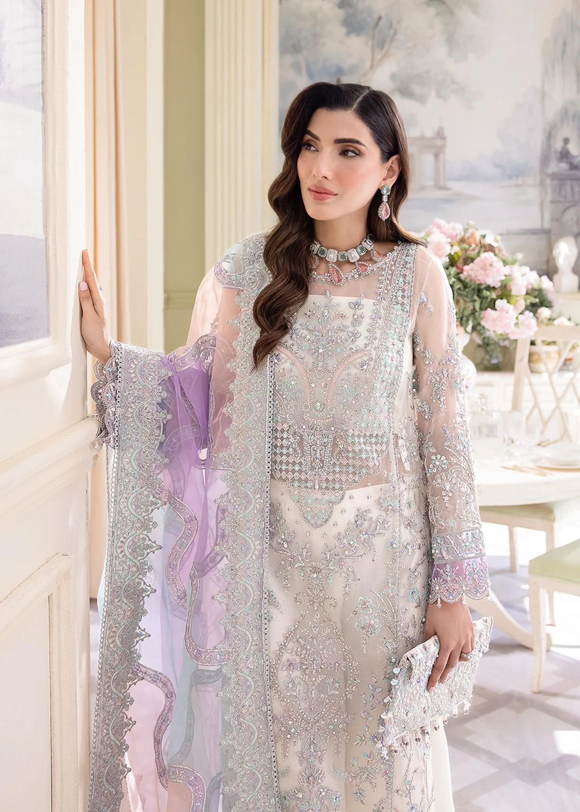 Pure Chiffon Off White Embroidered Dress - WW268