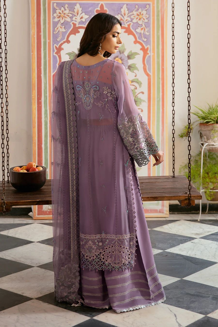 Pure Chiffon Purple Embroidered Dress - WW279