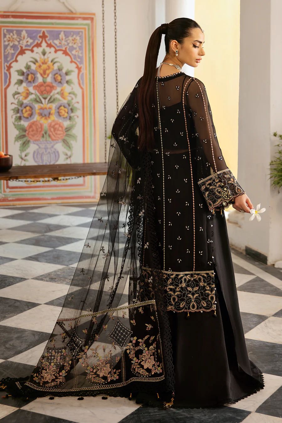Pure Chiffon Black Embroidered Dress - WW292