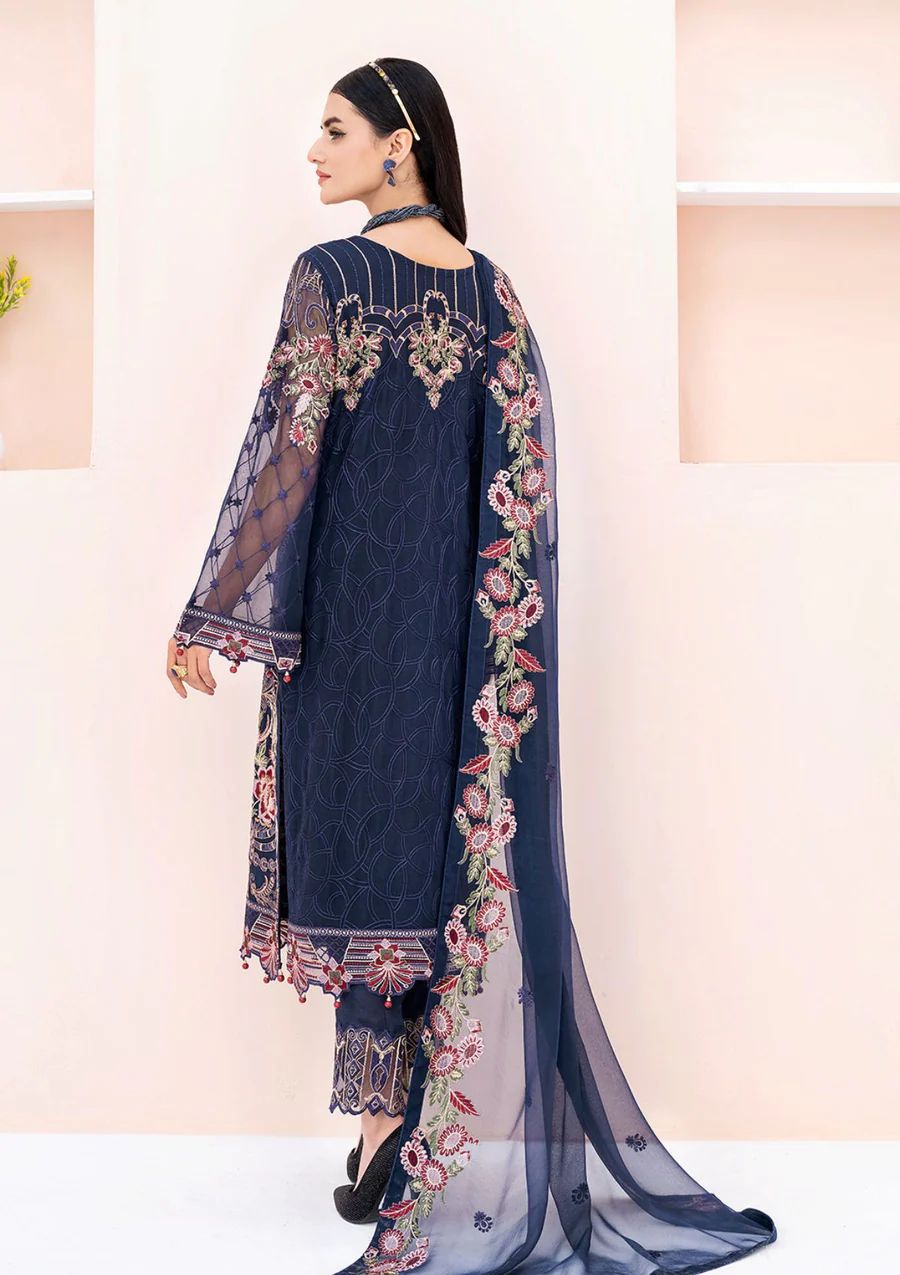 Pure Chiffon Navy Blue Embroidered Dress : PW219
