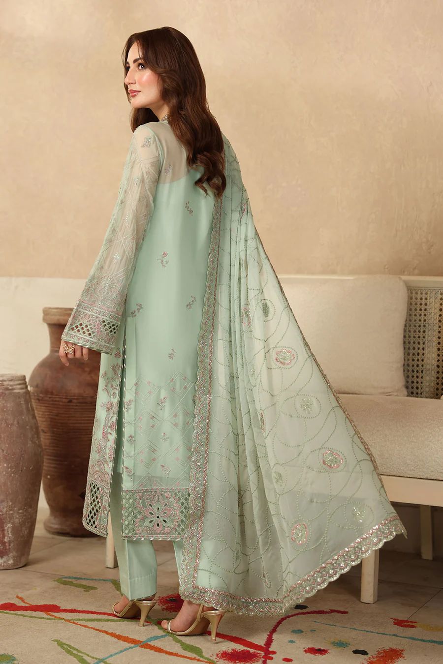 Pure Chiffon Pista Green Embroidered Dress - PW2268