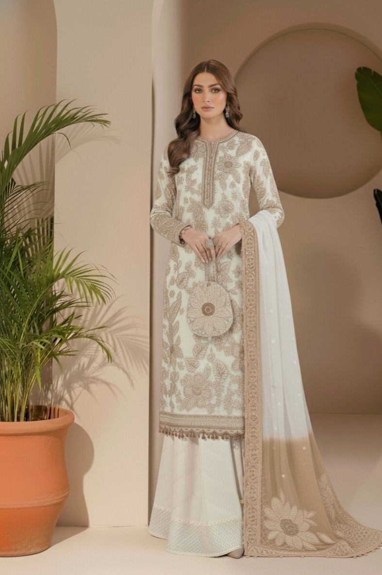 Pure Chiffon Off White Embroidered Wedding Dress - WW339