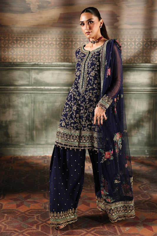 Pure Chiffon Navy Blue Embroidered Formal Dress - WW523