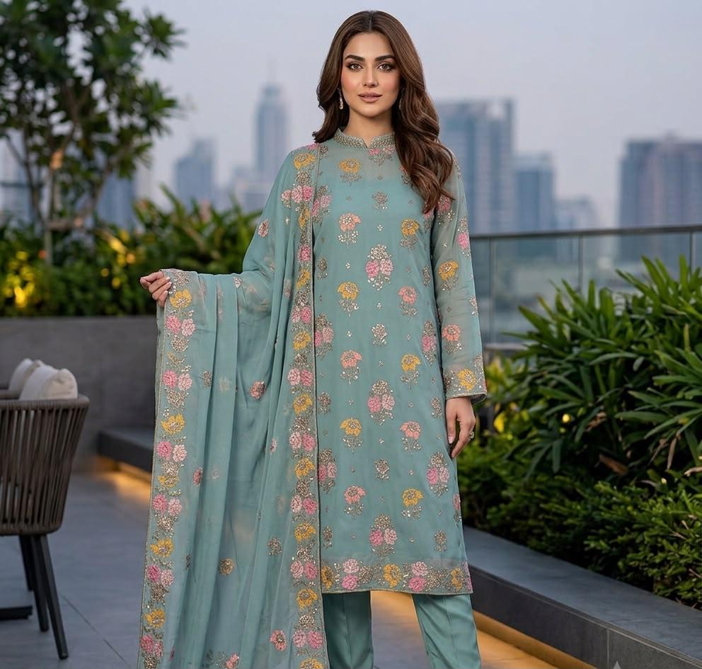 Pure Chiffon Sea Green Embroidered Wedding Dress - PW509
