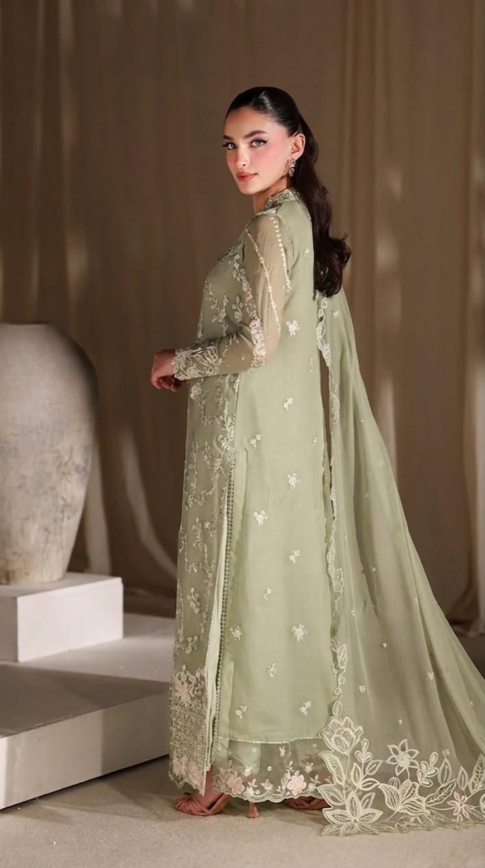 Pure Chiffon Green Embroidered Wedding Dress - WW512