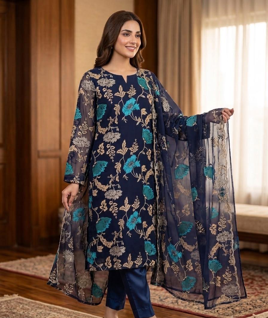 Pure Chiffon Navy Blue Embroidered Wedding Dress - PW511
