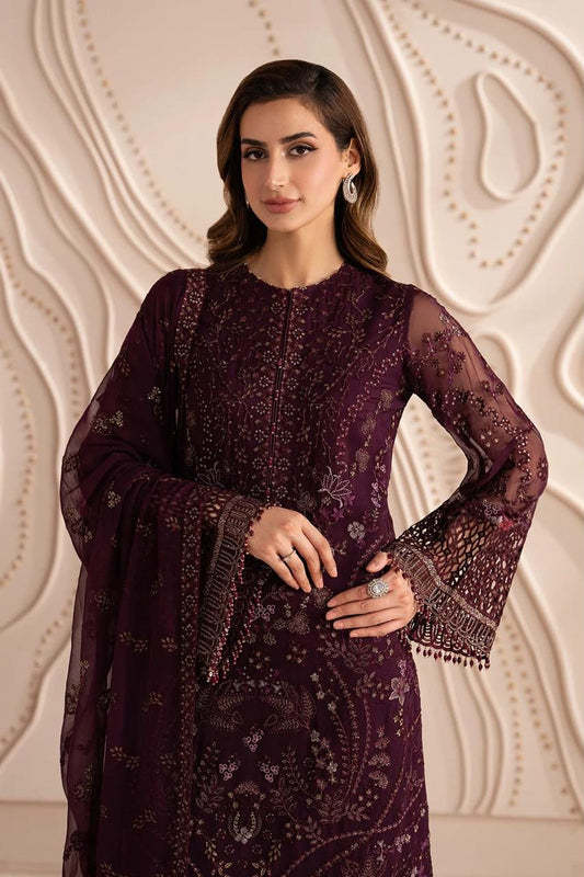 Pure Premium Chiffon Plum Embroidered Dress - WW606