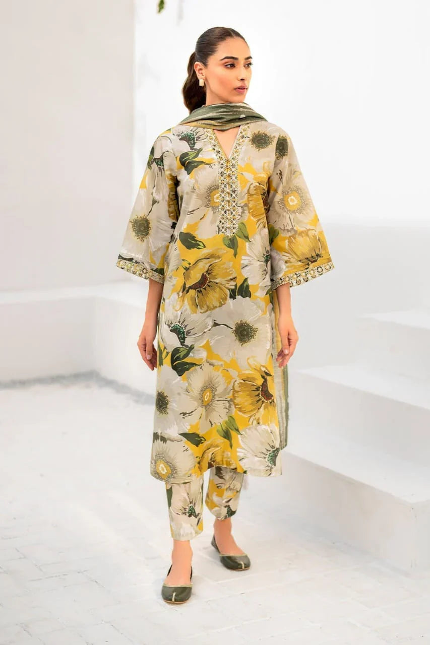 Pure Lawn Yellow Embroidered Dress - LL215