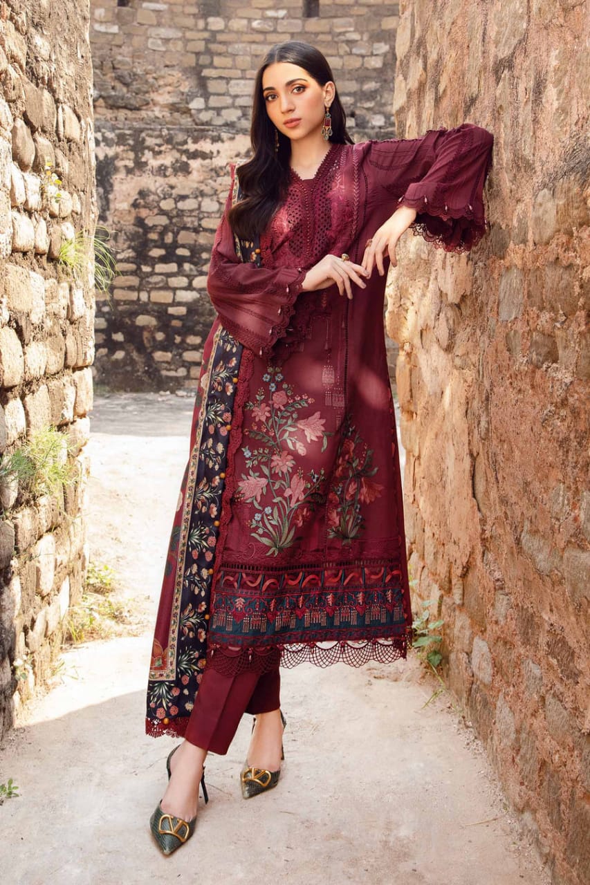 Pure Lawn Mahroon Embroidered Dress - LL205