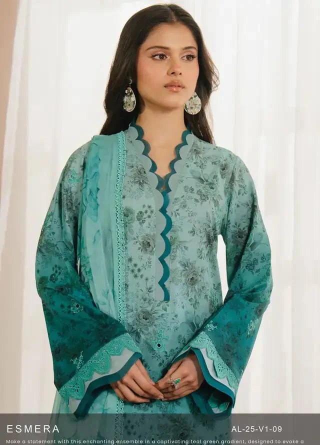 Pure Lawn Aqua Green Embroidered Dress - LL238