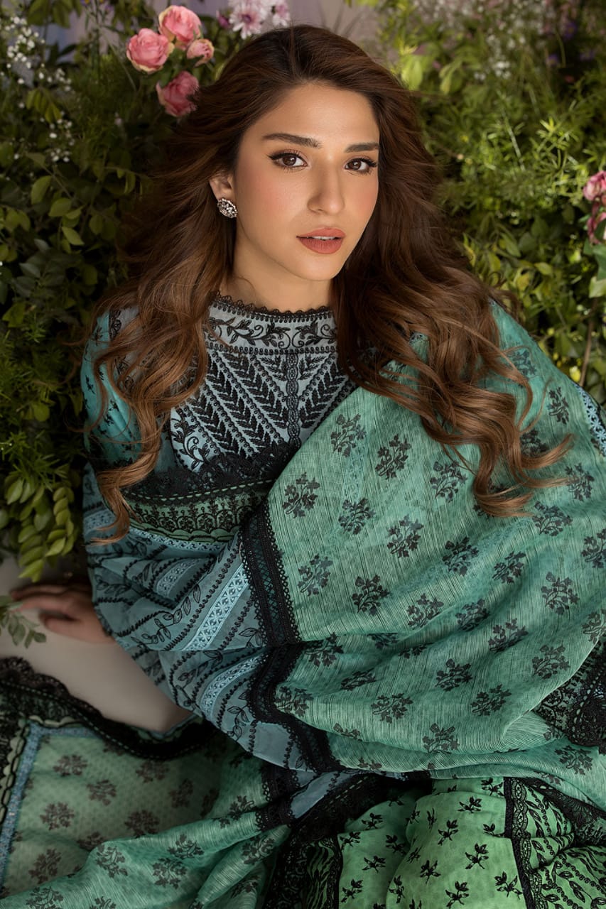 Pure Lawn Green Tie & Die Embroidered Dress - LL242