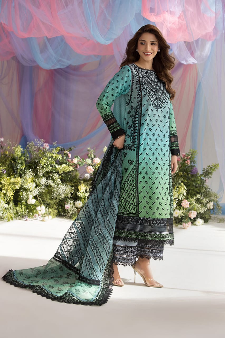 Pure Lawn Green Tie & Die Embroidered Dress - LL242