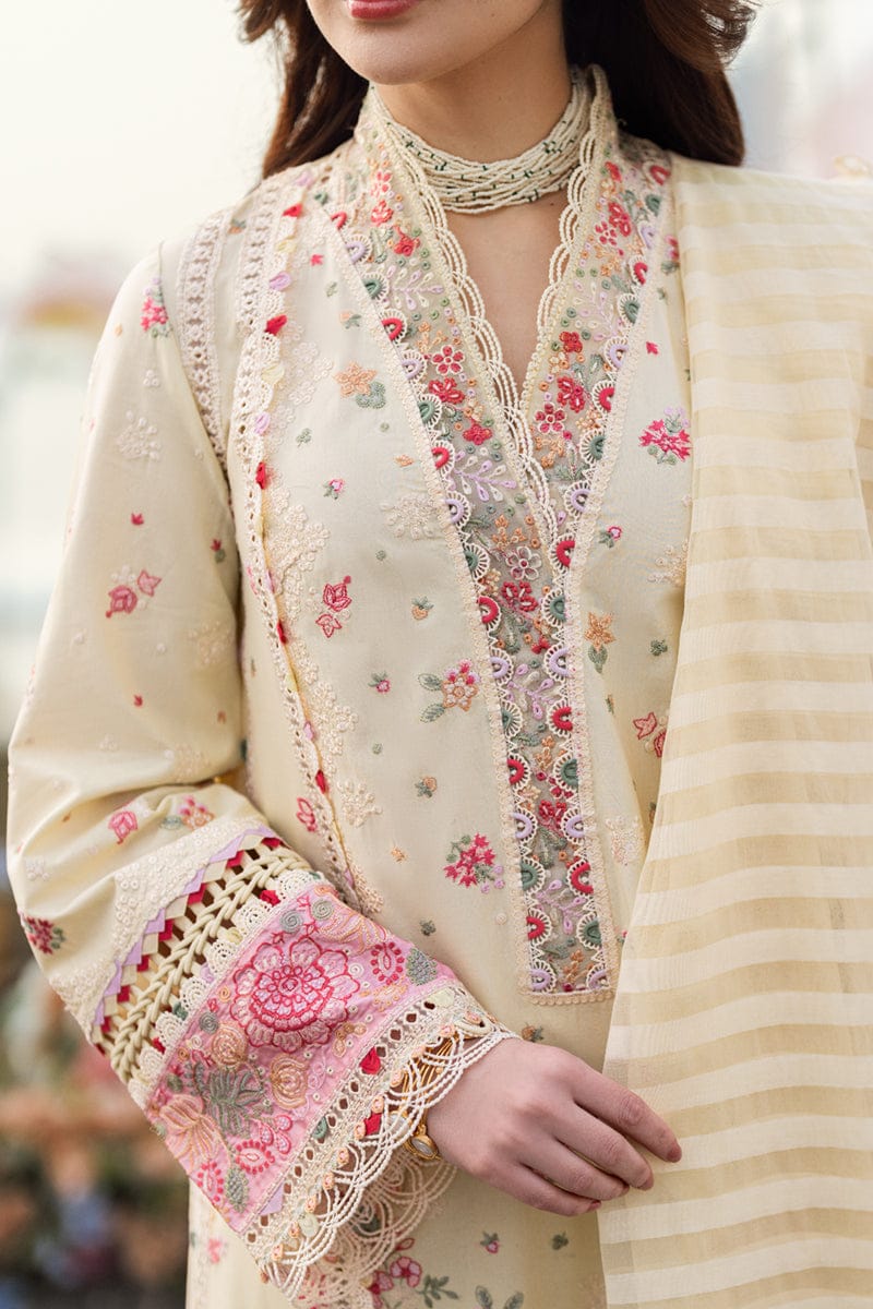 Pure Lawn Cream Embroidered Dress - LL240