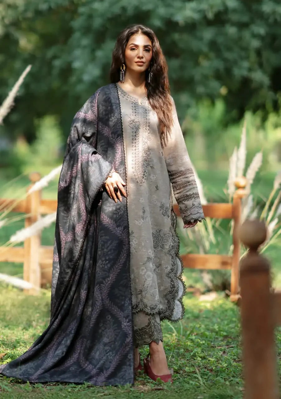 Pure Lawn Grey Blue Embroidered Dress - LL237
