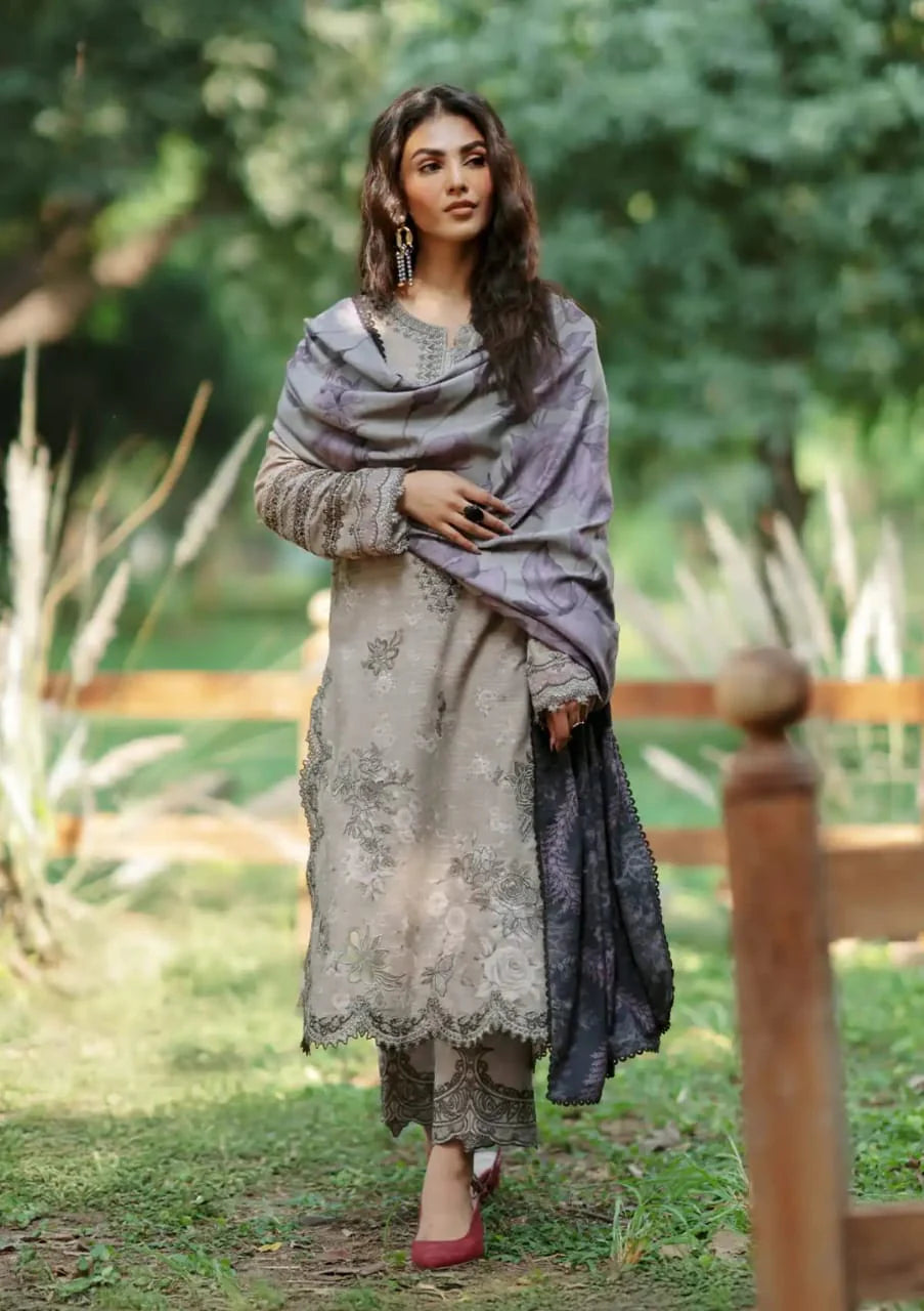 Pure Lawn Grey Blue Embroidered Dress - LL237