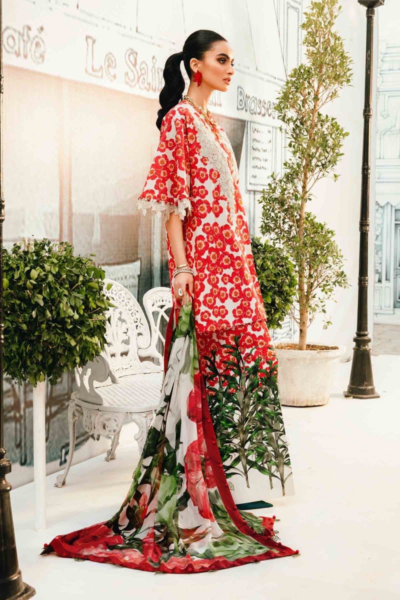 Pure Lawn Red & White Embroidered Dress - LL227