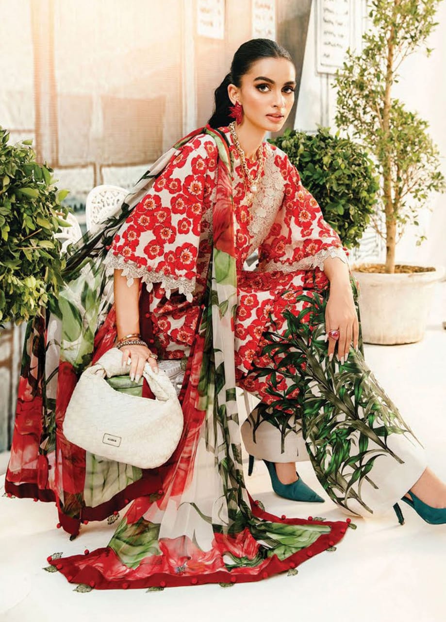 Pure Lawn Red & White Embroidered Dress - LL227