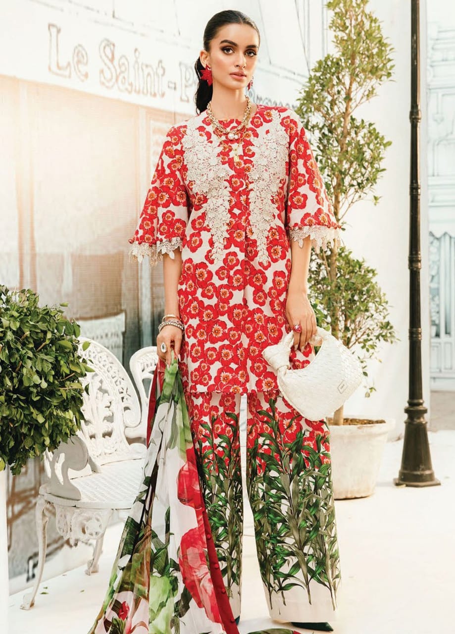 Pure Lawn Red & White Embroidered Dress - LL227