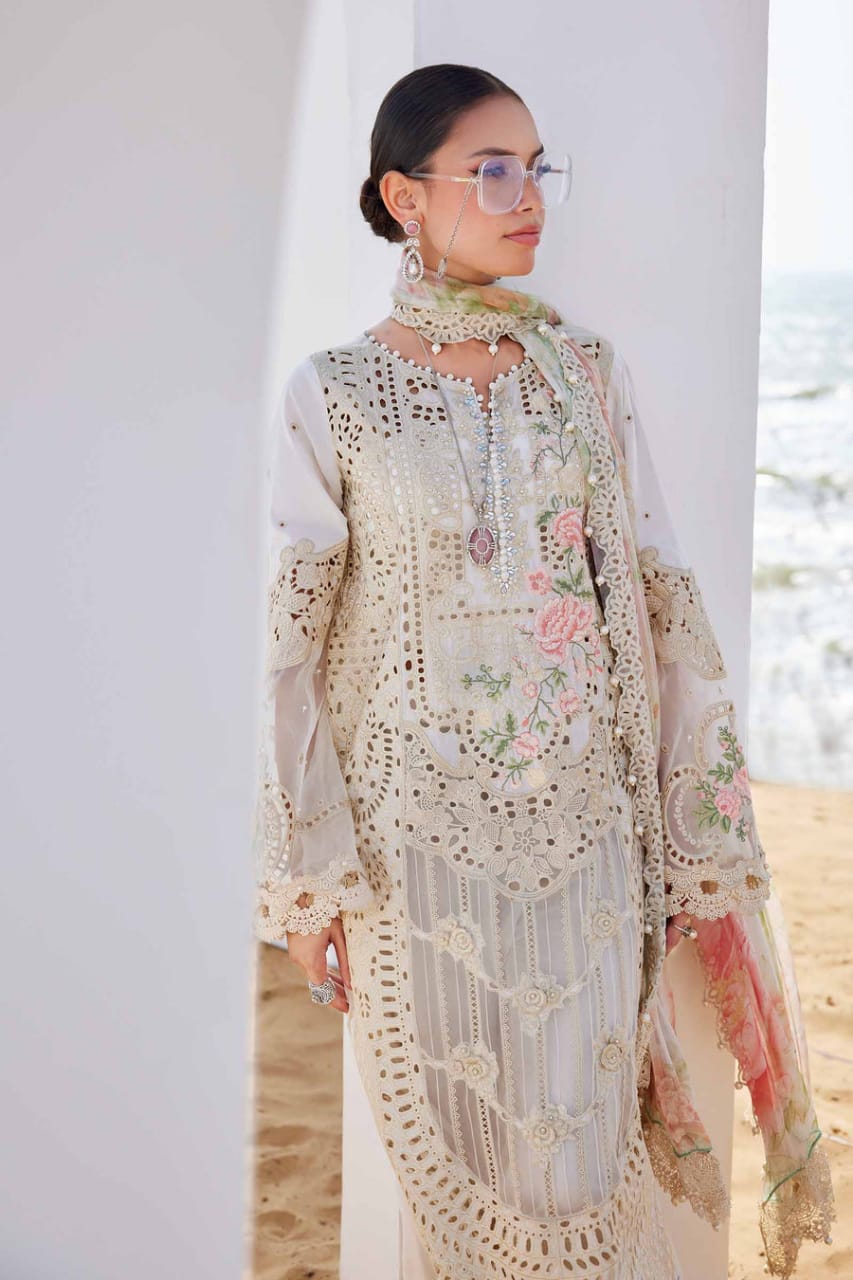 Pure Lawn Off White Chickenkari Dress : LL294