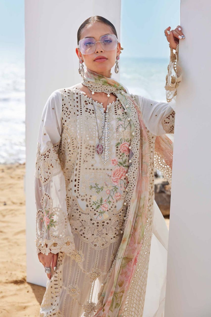 Pure Lawn Off White Chickenkari Dress : LL294