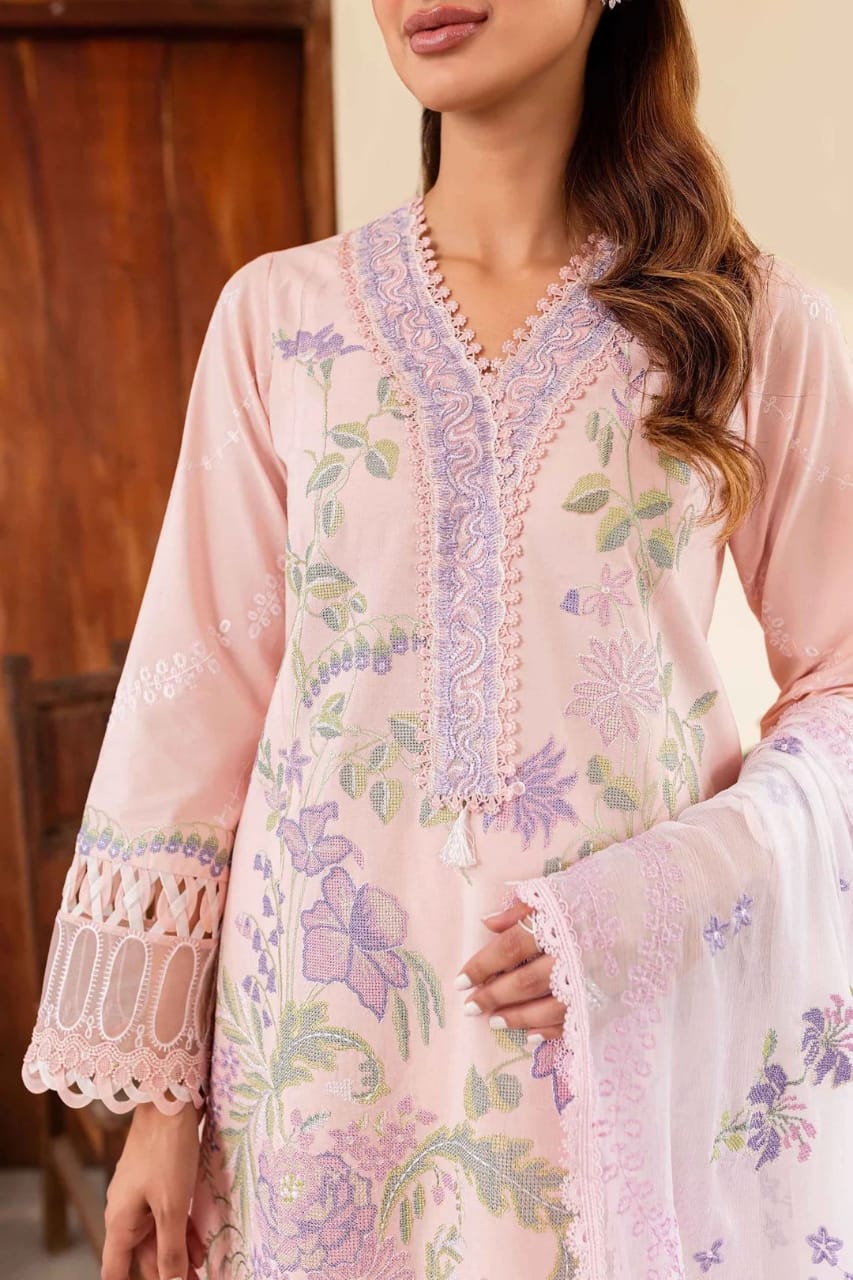 Pure Lawn Peach Pink Embroidered Dress : LL293