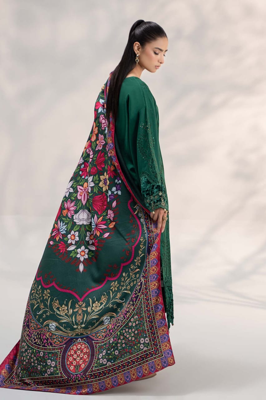Pure Lawn Bottle Green Embroidered Dress : LL290
